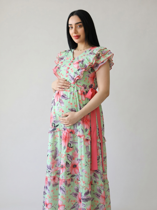 FLORAL GREEN BLOSSOM FARASHA SLEEVELESS  LAYERED MATERNITY AND NURSING GOWN (Copy)