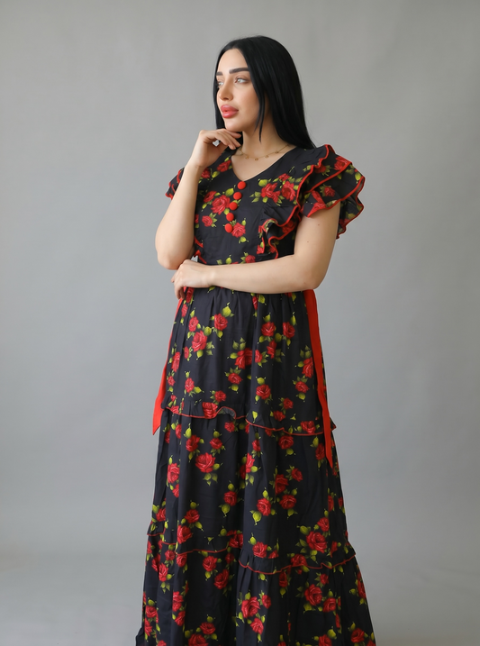 BABY ROSE BLACK  FLORAL FARASHA SLEEVELESS  LAYERED MATERNITY AND NURSING GOWN