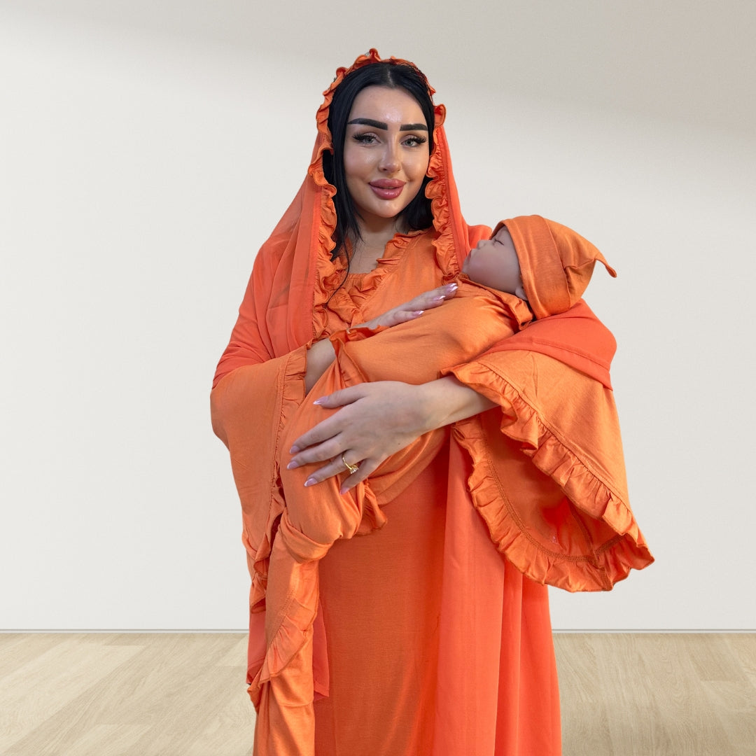 TANGERINE SIGNATURE RUFFLED ROBE AND LETTUCE SWADDLE SET