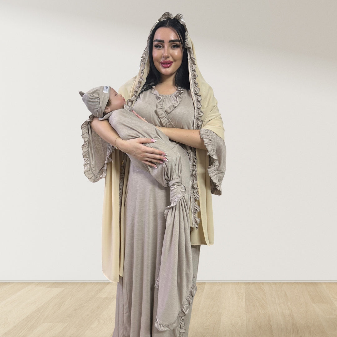 MOCHA BEIGE SIGNATURE RUFFLED ROBE AND LETTUCE SWADDLE SET