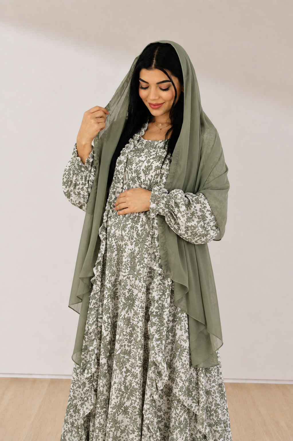 GREEN  FLORAL RUFFLE MATERNITY ROBE AND SWADDLE SET