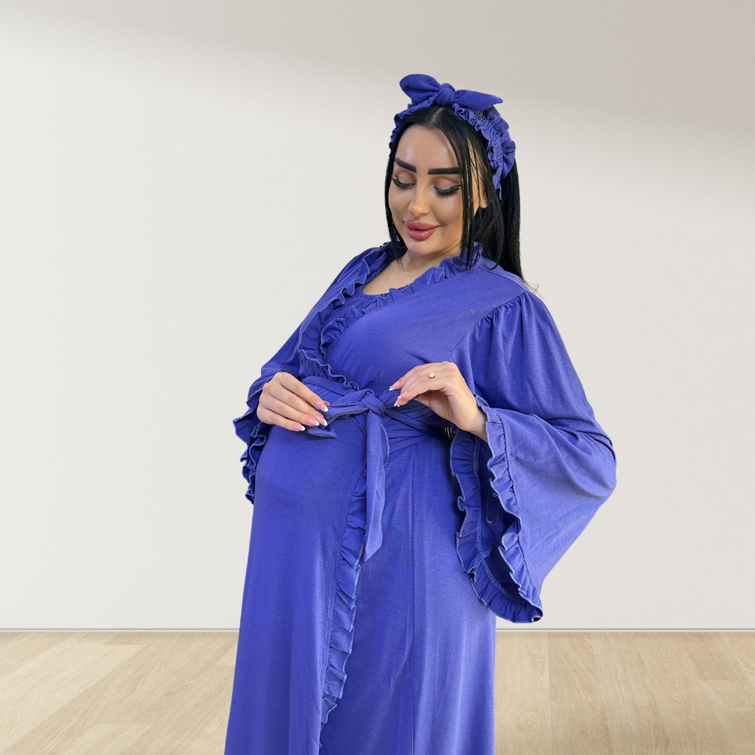 AZURE BLUE SIGNATURE RUFFLED ROBE AND LETTUCE SWADDLE SET