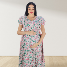 Load image into Gallery viewer, BABY PINK FARASHA SLEEVELESS  LAYERED MATERNITY AND NURSING GOWN
