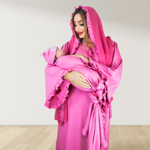 MULBERRY PINK PINK SIGNATURE RUFFLED ROBE AND LETTUCE SWADDLE SET