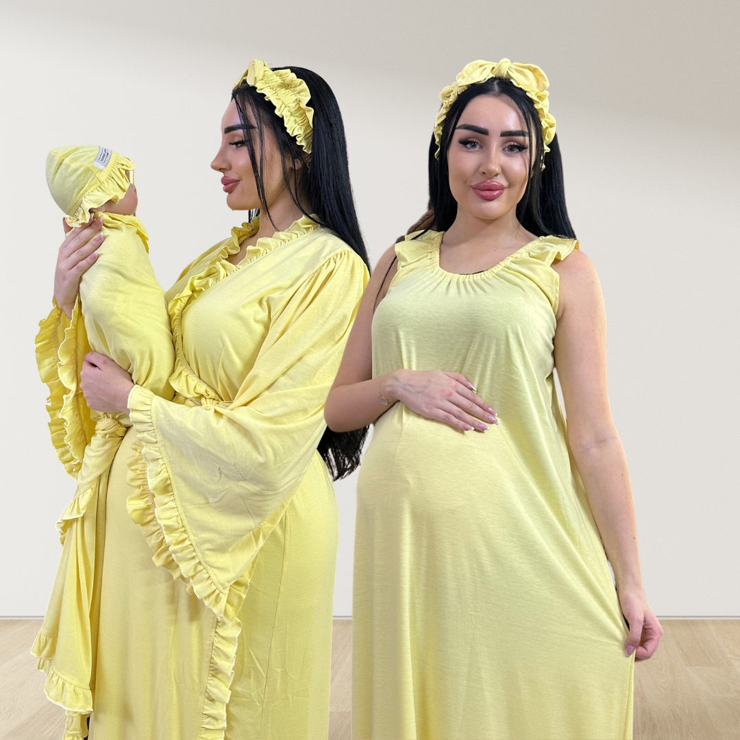 BUTTER YELLOW SIGNATURE RUFFLED ROBE AND LETTUCE SWADDLE SET
