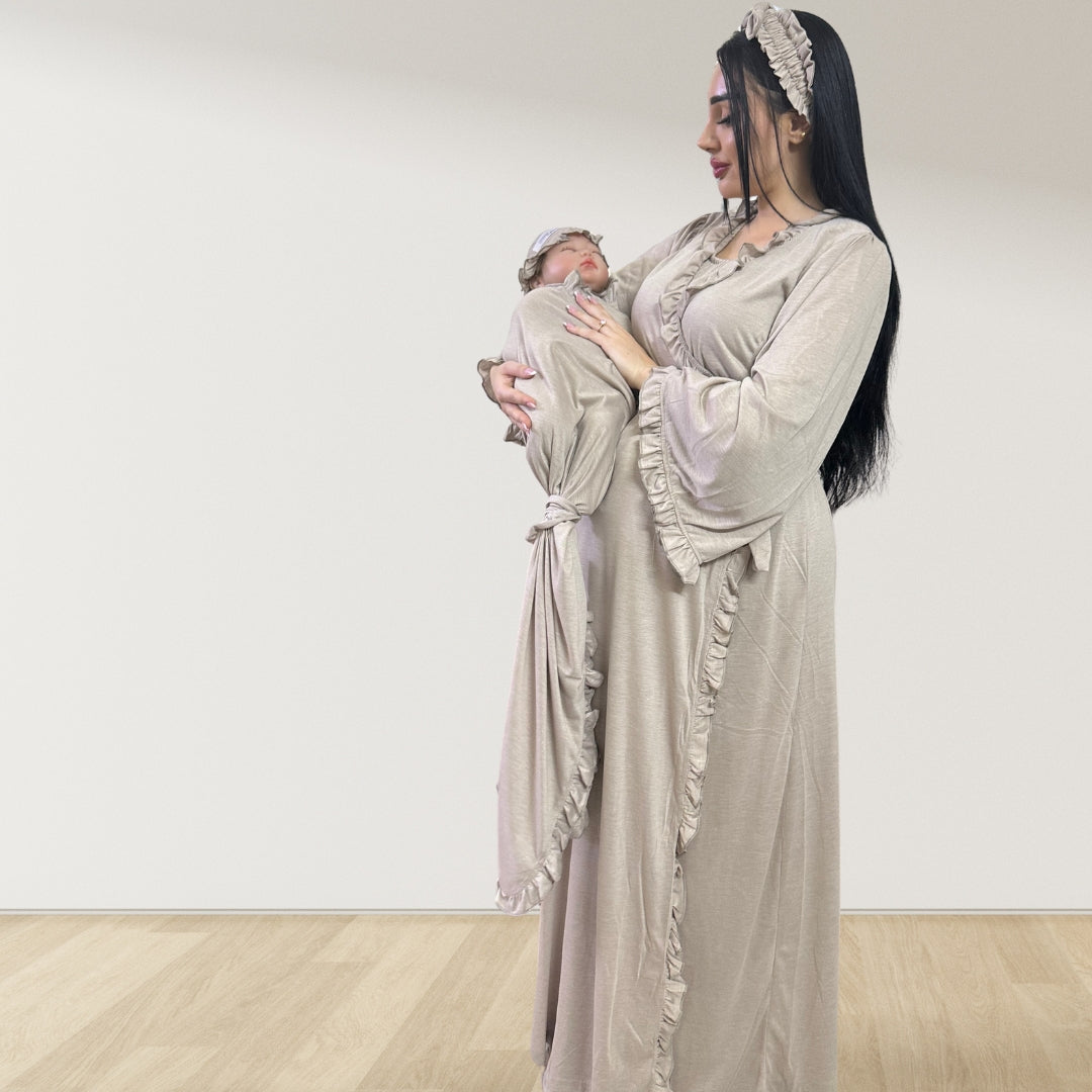 MOCHA BEIGE SIGNATURE RUFFLED ROBE AND LETTUCE SWADDLE SET