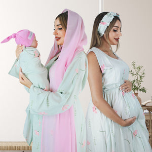ICE GREEN FLORAL MOMMY AND ME 5 IN 1 LONG MATERNITY SET
