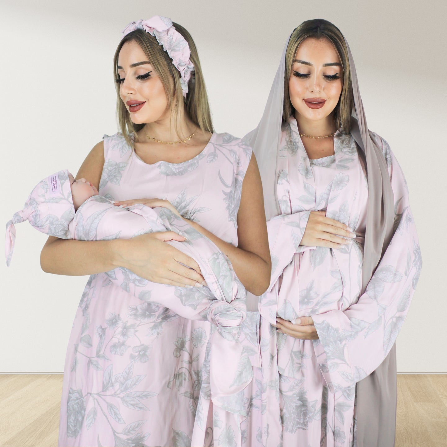 PASTEL PINK MOMMY AND ME 5 IN 1 LONG MATERNITY SET