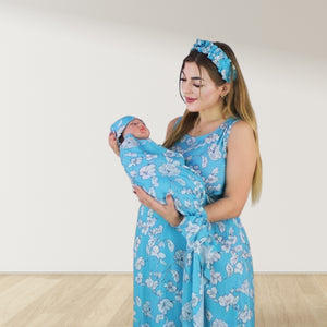 TIFANNY BLUE FLORA  MOMMY AND ME 5 IN 1 LONG MATERNITY SET