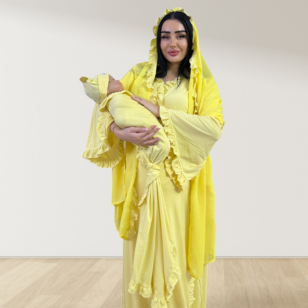 BUTTER YELLOW SIGNATURE RUFFLED ROBE AND LETTUCE SWADDLE SET