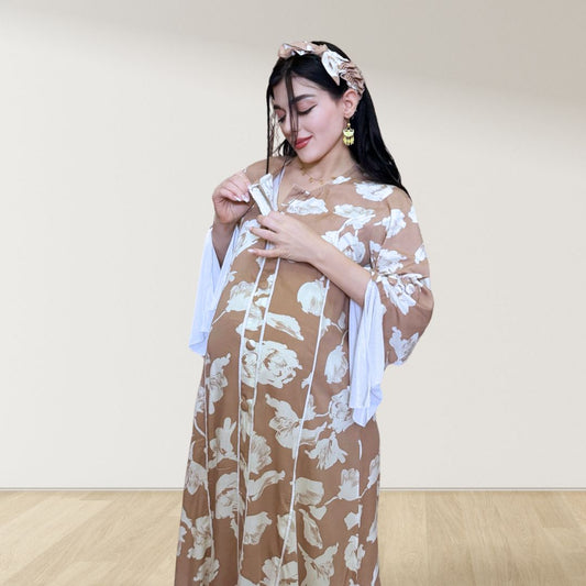 MAHRA BEIGE PREMIUM COTTON TRIMMED MATERNITY AND NURSING DRESS WITH ZIPPER