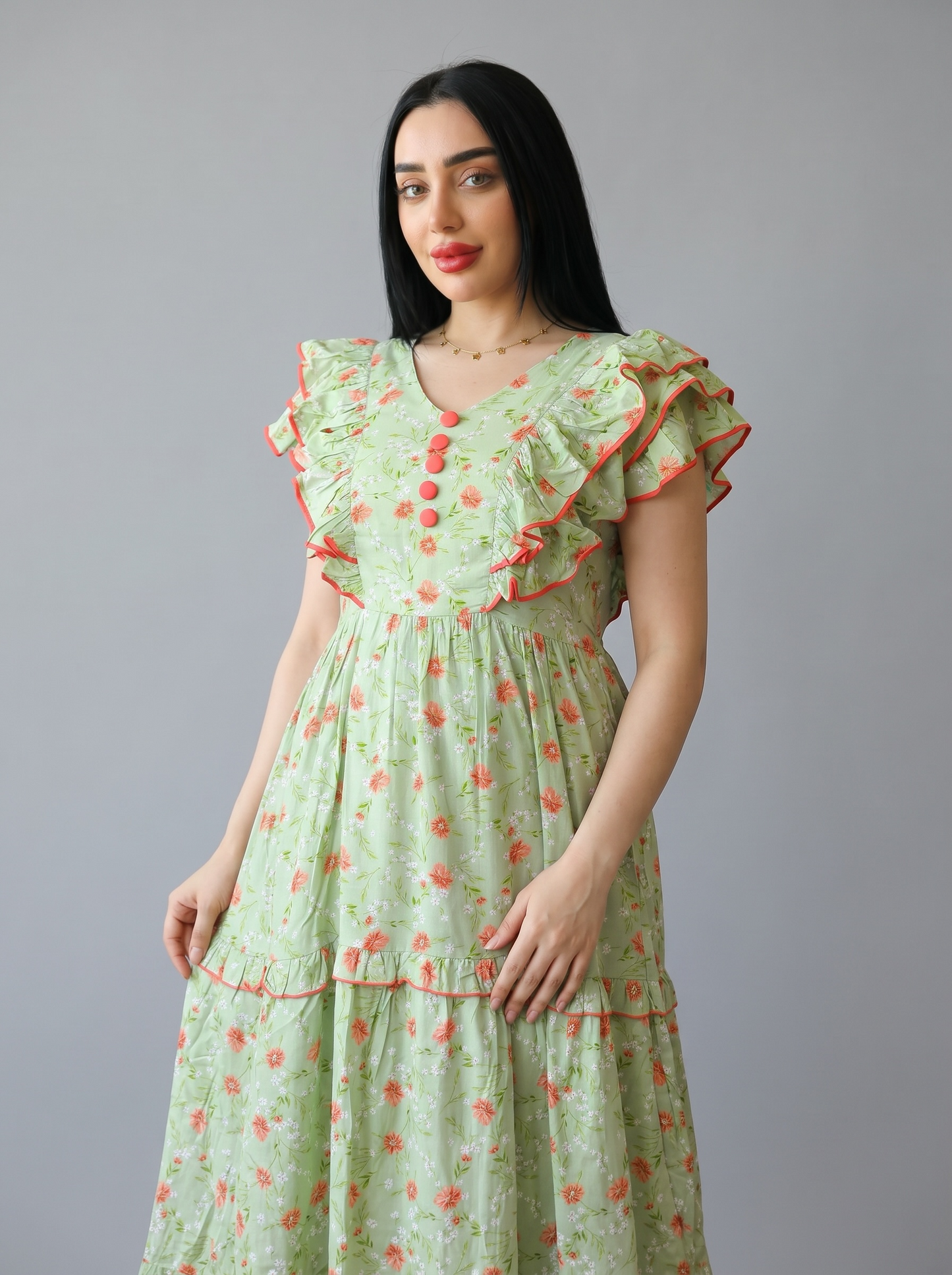 DAISY GREEN BLOSSOM FARASHA SLEEVELESS  LAYERED MATERNITY AND NURSING GOWN