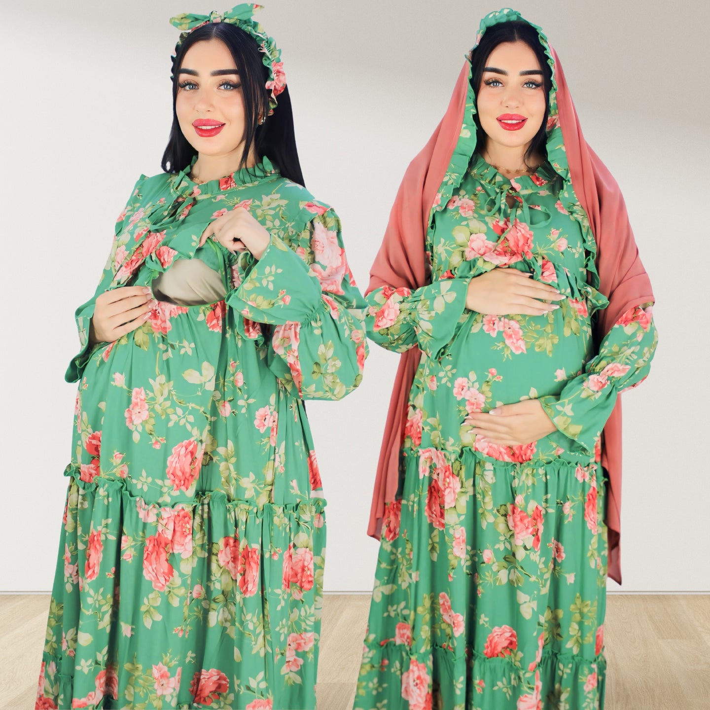 MALIKAT ALWURUD GREEN LAYERED MATERNITY AND NURSING GOWN