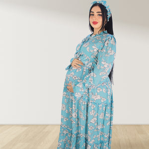 MALIKAT ALWURUD TURQUOISE  LAYERED MATERNITY AND NURSING GOWN