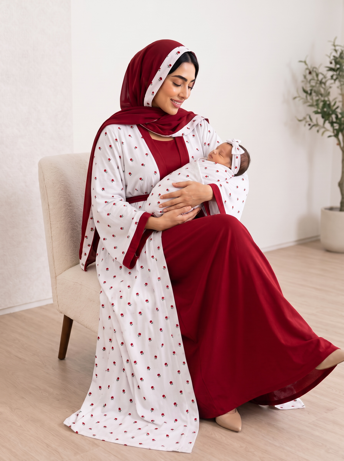 Red and White Mommy and Me 5 in 1 Long Maternity Set