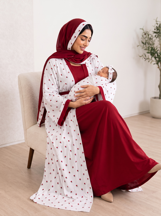 Red and White Mommy and Me 5 in 1 Long Maternity Set