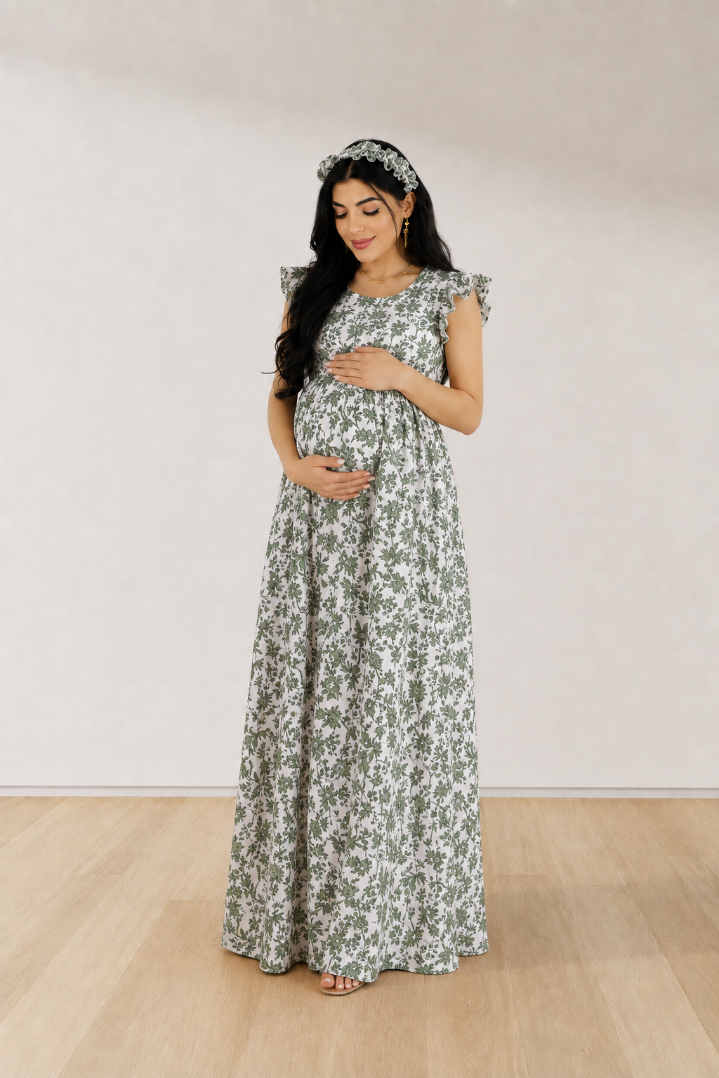 GREEN  FLORAL RUFFLE MATERNITY ROBE AND SWADDLE SET