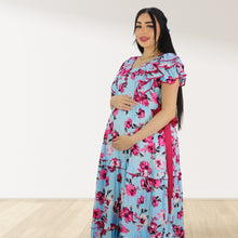 Load image into Gallery viewer, BLUE FARASHA SLEEVELESS  LAYERED MATERNITY AND NURSING GOWN
