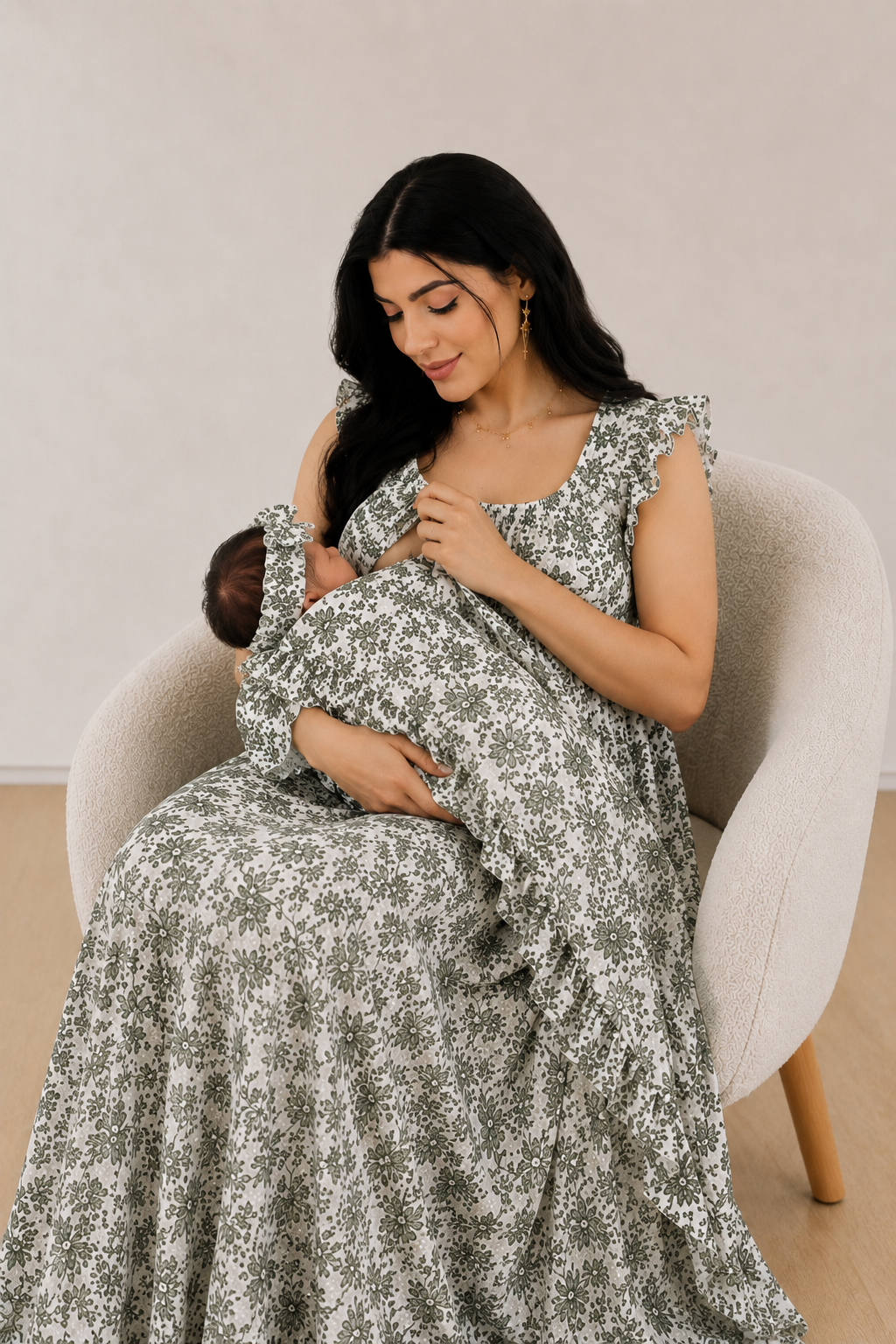 GREEN  FLORAL RUFFLE MATERNITY ROBE AND SWADDLE SET