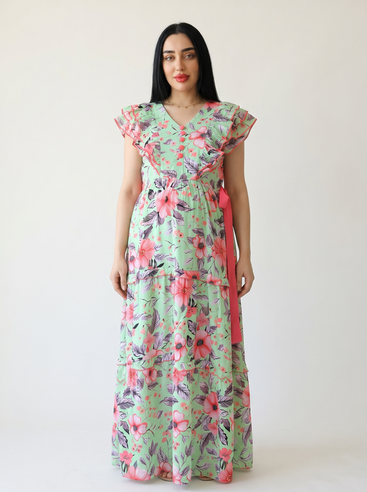 FLORAL GREEN BLOSSOM FARASHA SLEEVELESS  LAYERED MATERNITY AND NURSING GOWN (Copy)