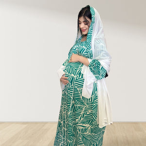 MAHRA GREEN PREMIUM COTTON TRIMMED  MATERNITY AND NURSING DRESS WITH ZIPPER