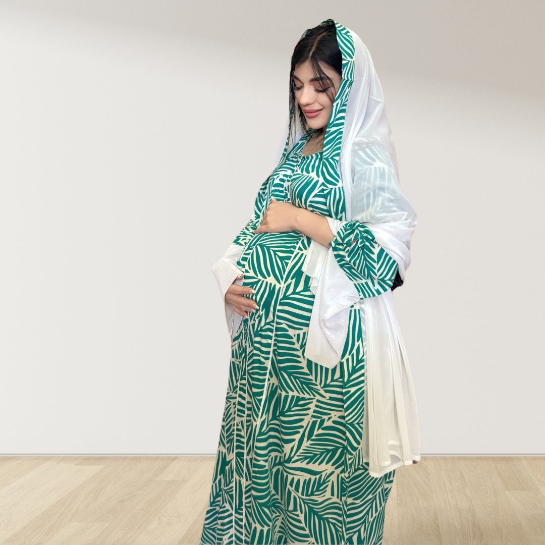 MAHRA GREEN PREMIUM COTTON TRIMMED  MATERNITY AND NURSING DRESS WITH ZIPPER