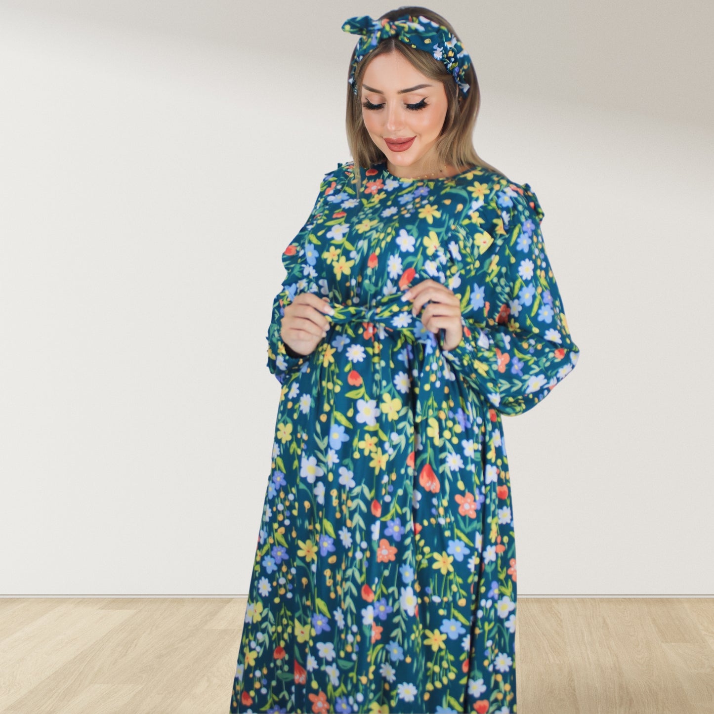 REEM BOHO GREEN ZIP MATERNITY AND NURSING GOWN