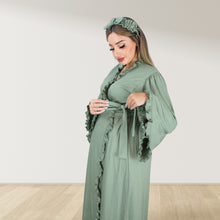 Load image into Gallery viewer, OLIVE GREEN BLUE SIGNATURE RUFFLED ROBE AND LETTUCE SWADDLE SET
