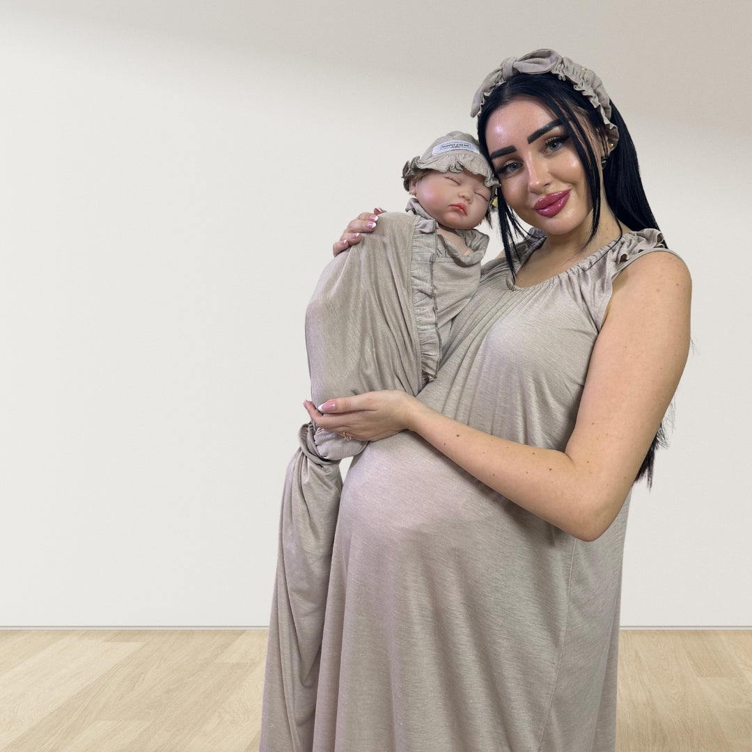MOCHA BEIGE SIGNATURE RUFFLED ROBE AND LETTUCE SWADDLE SET