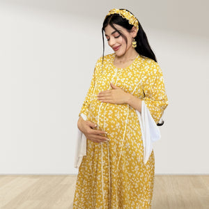 MAHRA MUSTARD YELLOW  PREMIUM COTTON TRIMMED  MATERNITY AND NURSING DRESS WITH ZIPPER
