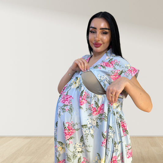 BABY BLUE FLORAL LULU SLEEVELESS MATERNITY AND NURSING GOWN