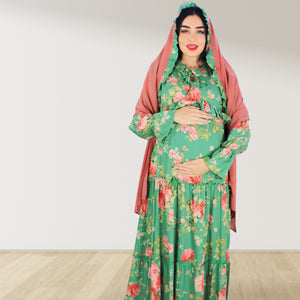 MALIKAT ALWURUD GREEN LAYERED MATERNITY AND NURSING GOWN