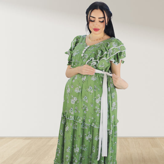 GREEN FARASHA SLEEVELESS  LAYERED MATERNITY AND NURSING GOWN