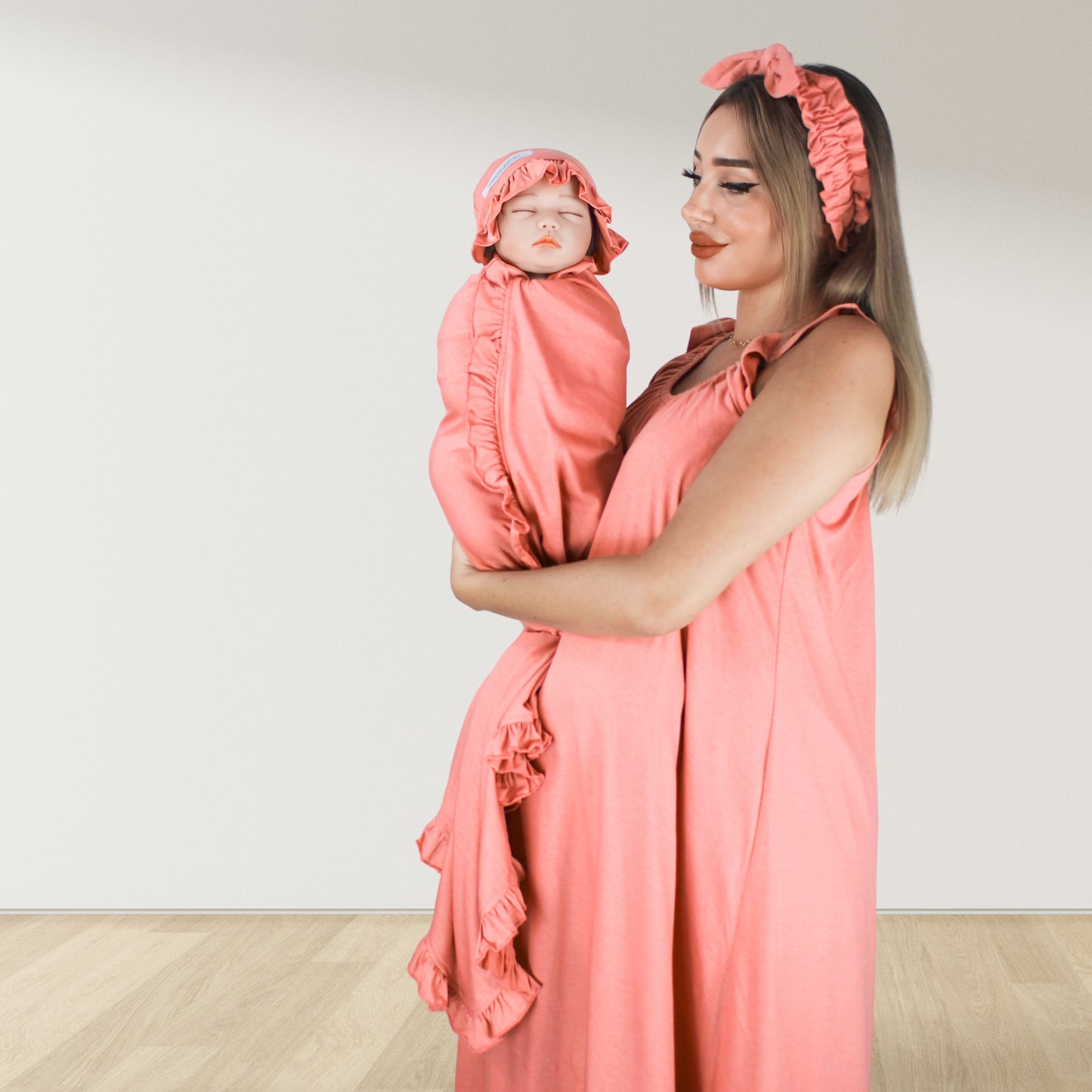 BLUSH PEACH SIGNATURE RUFFLED ROBE AND LETTUCE SWADDLE SET