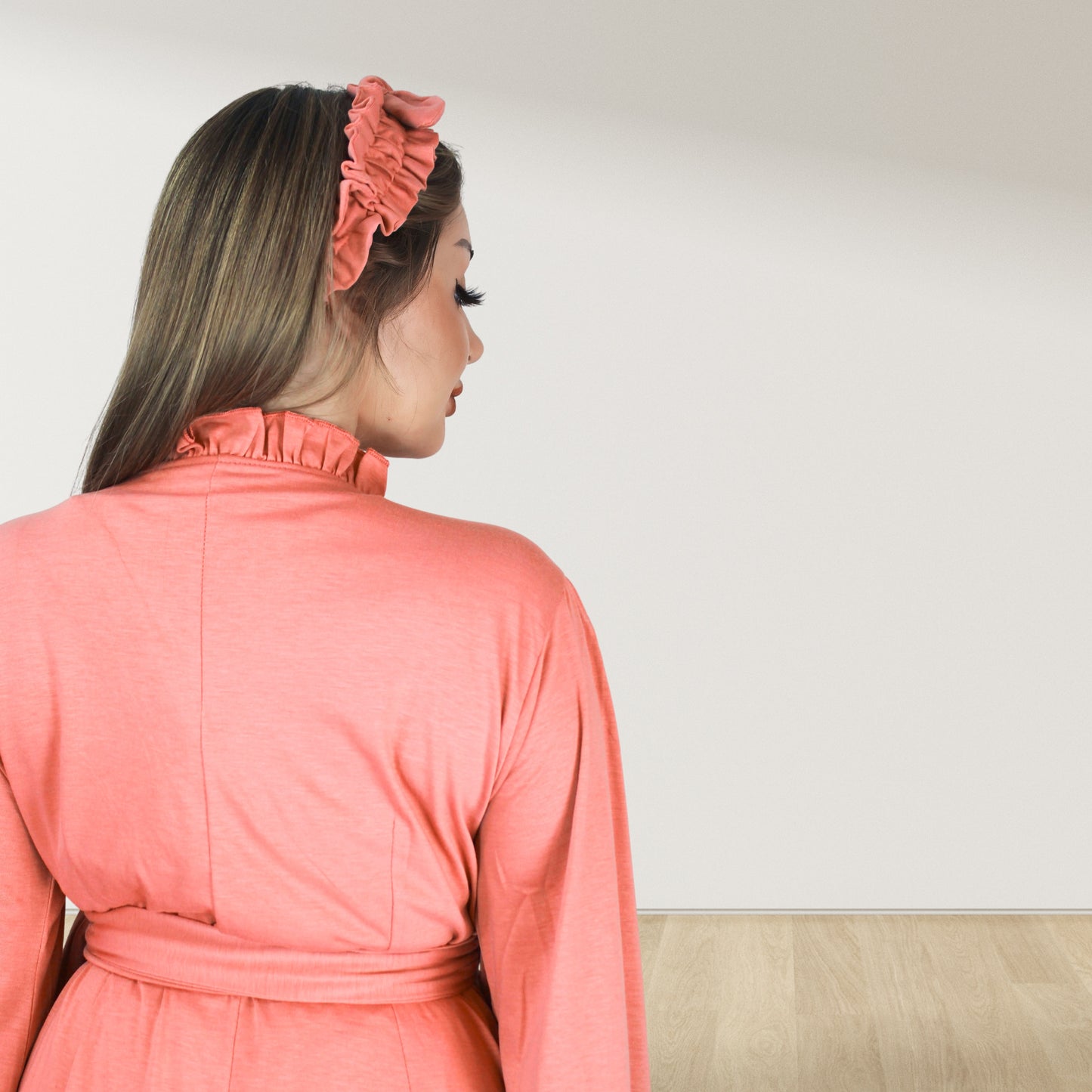 BLUSH PEACH SIGNATURE RUFFLED ROBE AND LETTUCE SWADDLE SET