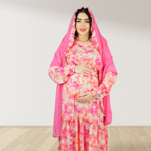 Load image into Gallery viewer, REEM BABY PINK FLORAL DOUBLE ZIPPER MATERNITY AND NURSING DRESS
