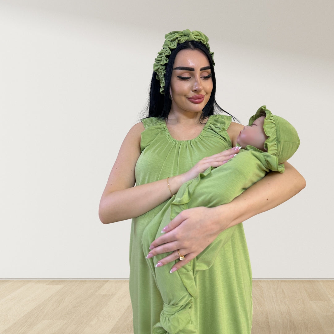 OLIVE GREEN SIGNATURE RUFFLED ROBE AND LETTUCE SWADDLE SET