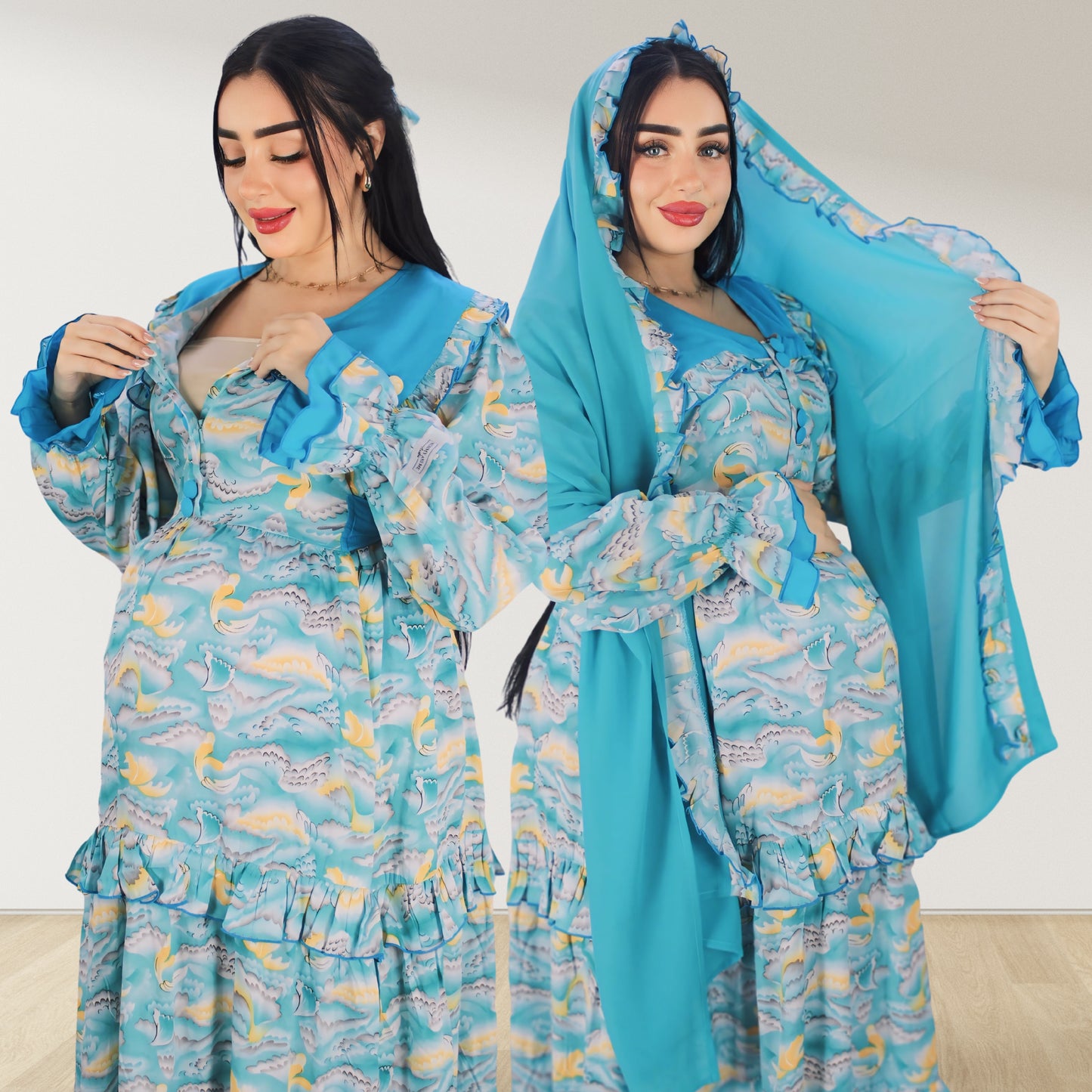 MAITHA VINTAGE CORAL BLUE DOUBLE LAYERED MATERNITY AND NURSING GOWN WITH ZIPPER