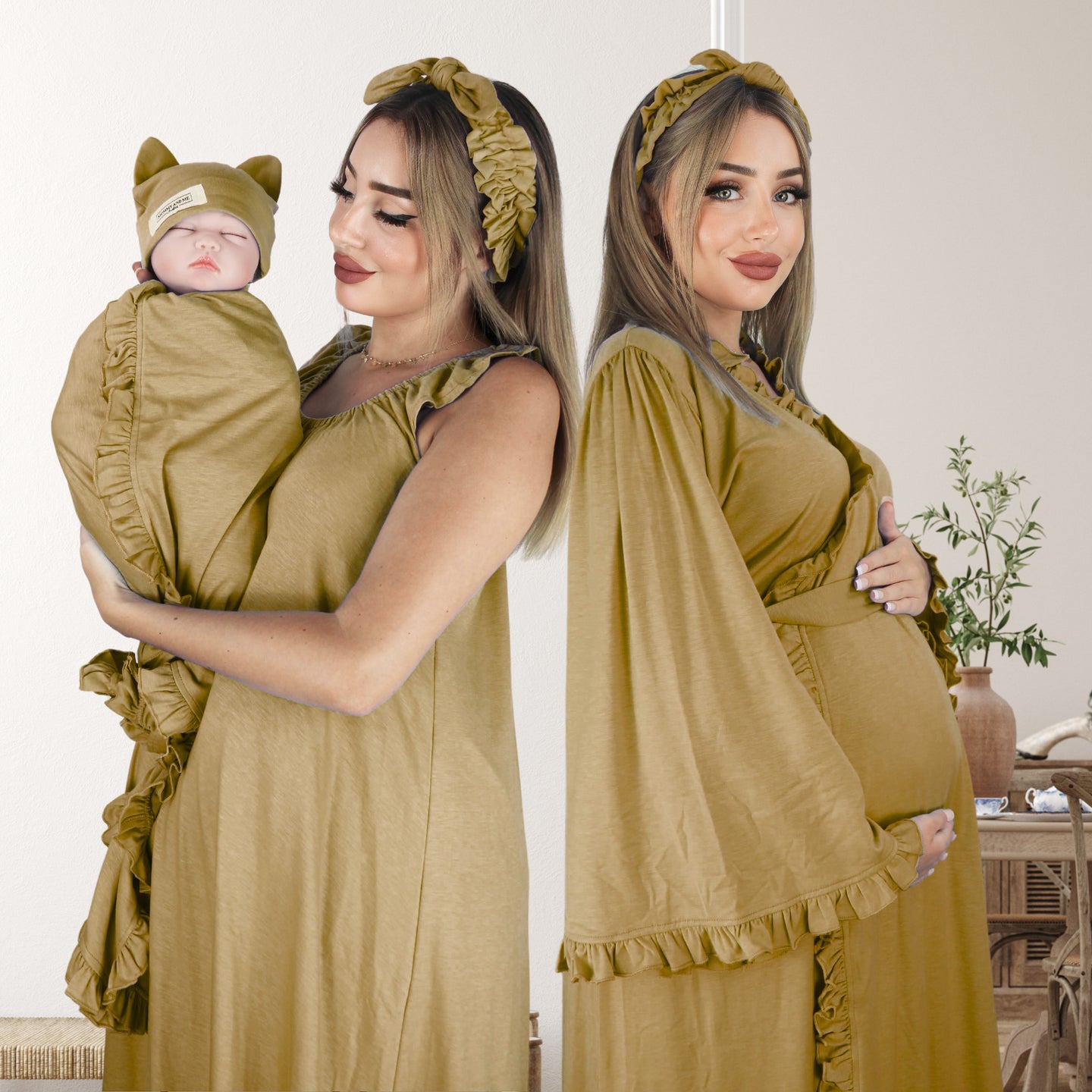CANE BUFF SIGNATURE RUFFLED ROBE AND LETTUCE SWADDLE SET