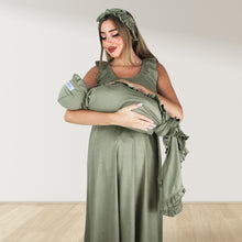 Load image into Gallery viewer, MOSS GREEN SIGNATURE RUFFLED ROBE AND LETTUCE SWADDLE SET
