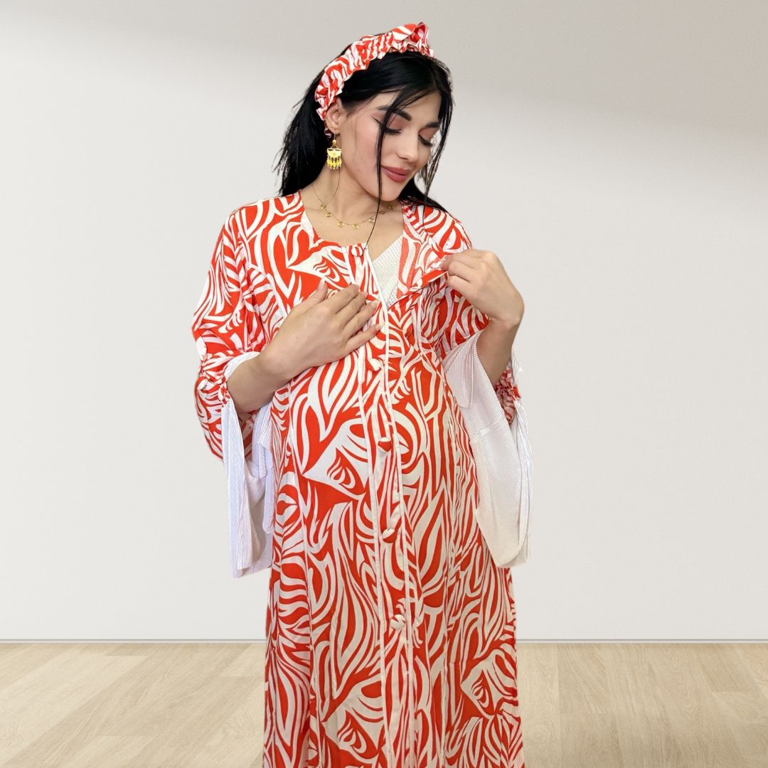 MAHRA ORANGE PREMIUM COTTON TRIMMED MATERNITY AND NURSING DRESS WITH ZIPPER