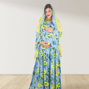 FLORAL PRINT BLUE LAYERED  RUFFLE MATERNITY AND NURSING GOWN