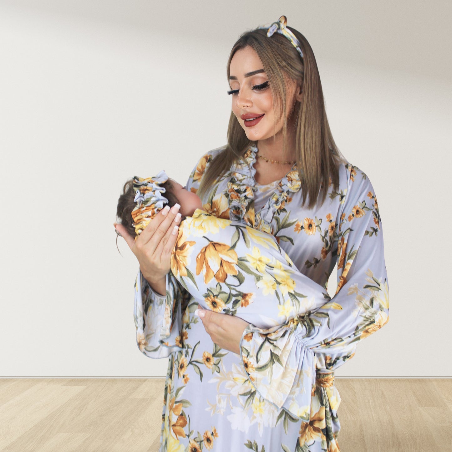 VINTAGE BLUE FLORAL MATERNITY MAXI AND SWADDLE BLANKET  SET