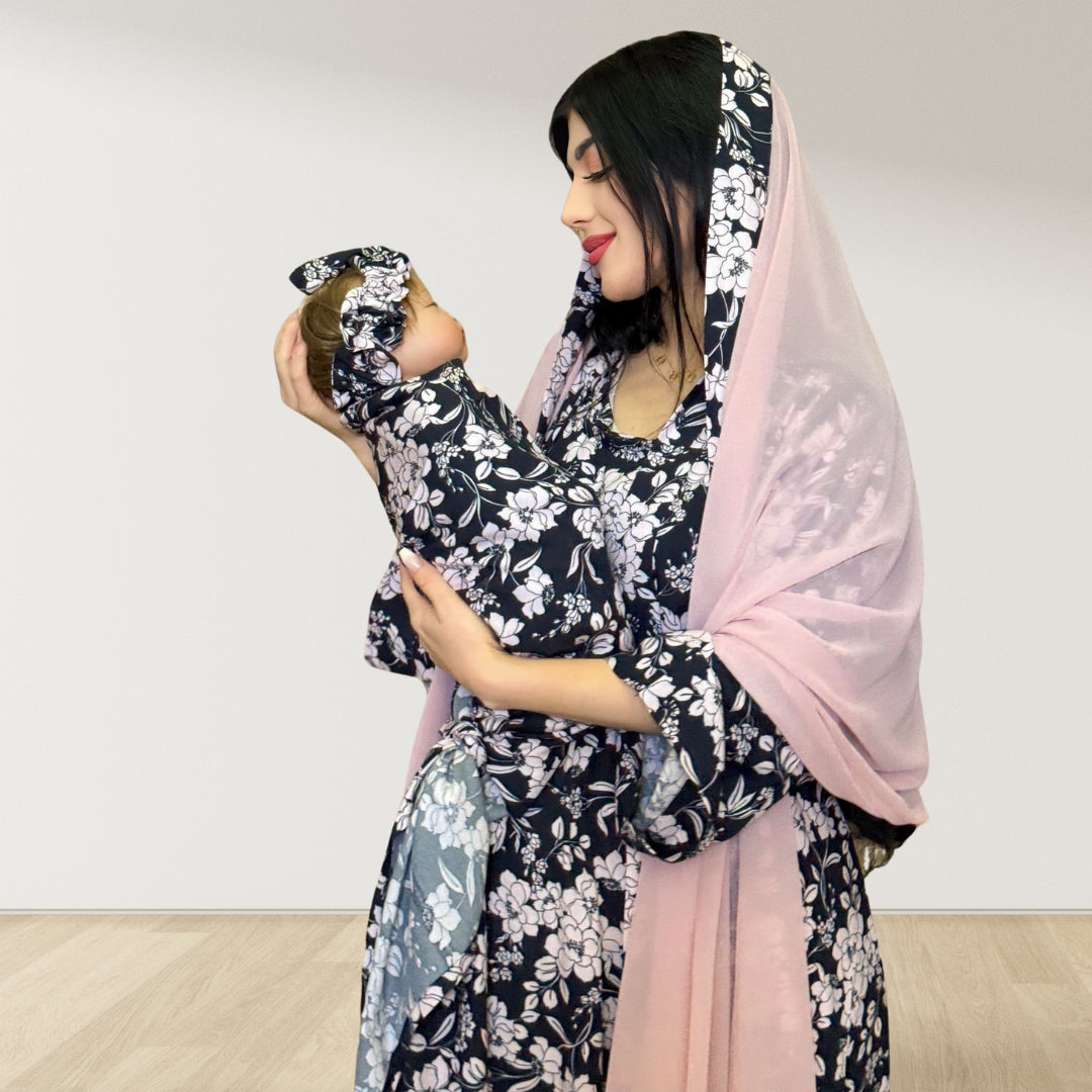 MID NIGHT BLUE PINK MOMMY AND ME 5 IN 1 LONG MATERNITY SET