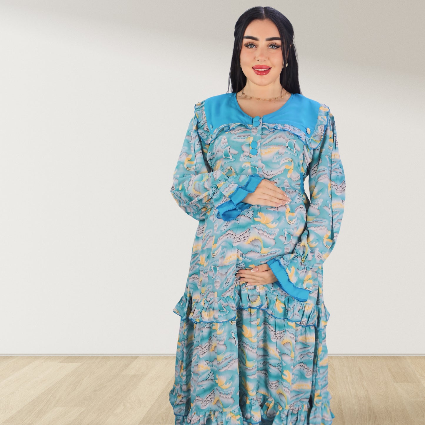 MAITHA VINTAGE CORAL BLUE DOUBLE LAYERED MATERNITY AND NURSING GOWN WITH ZIPPER