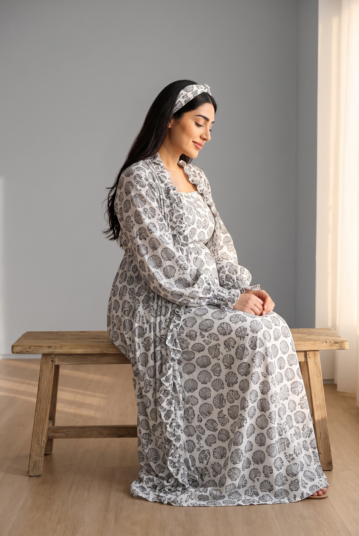Additional view of Baby Sadafa Ruffle Maternity Robe and Swaddle Set