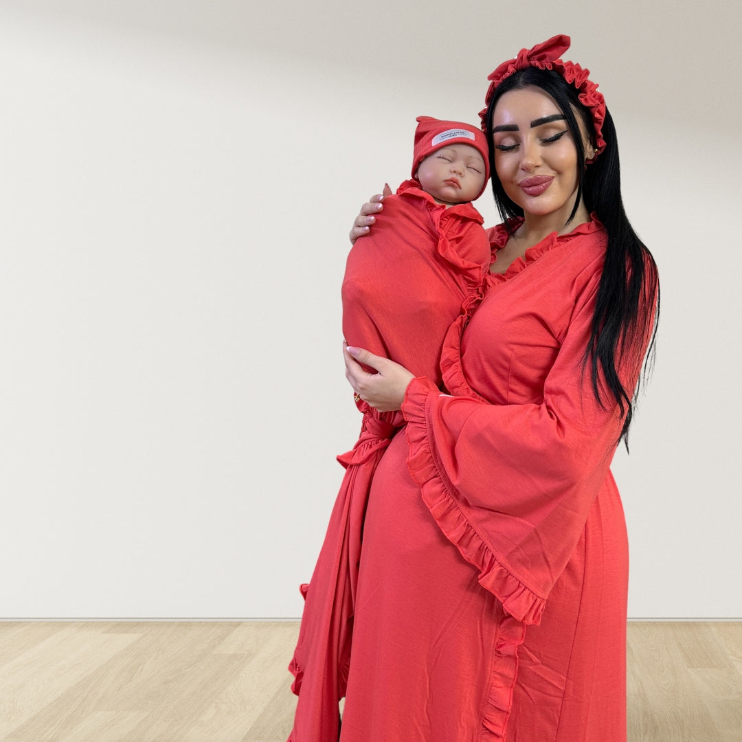 CORAL RED SIGNATURE RUFFLED ROBE AND LETTUCE SWADDLE SET