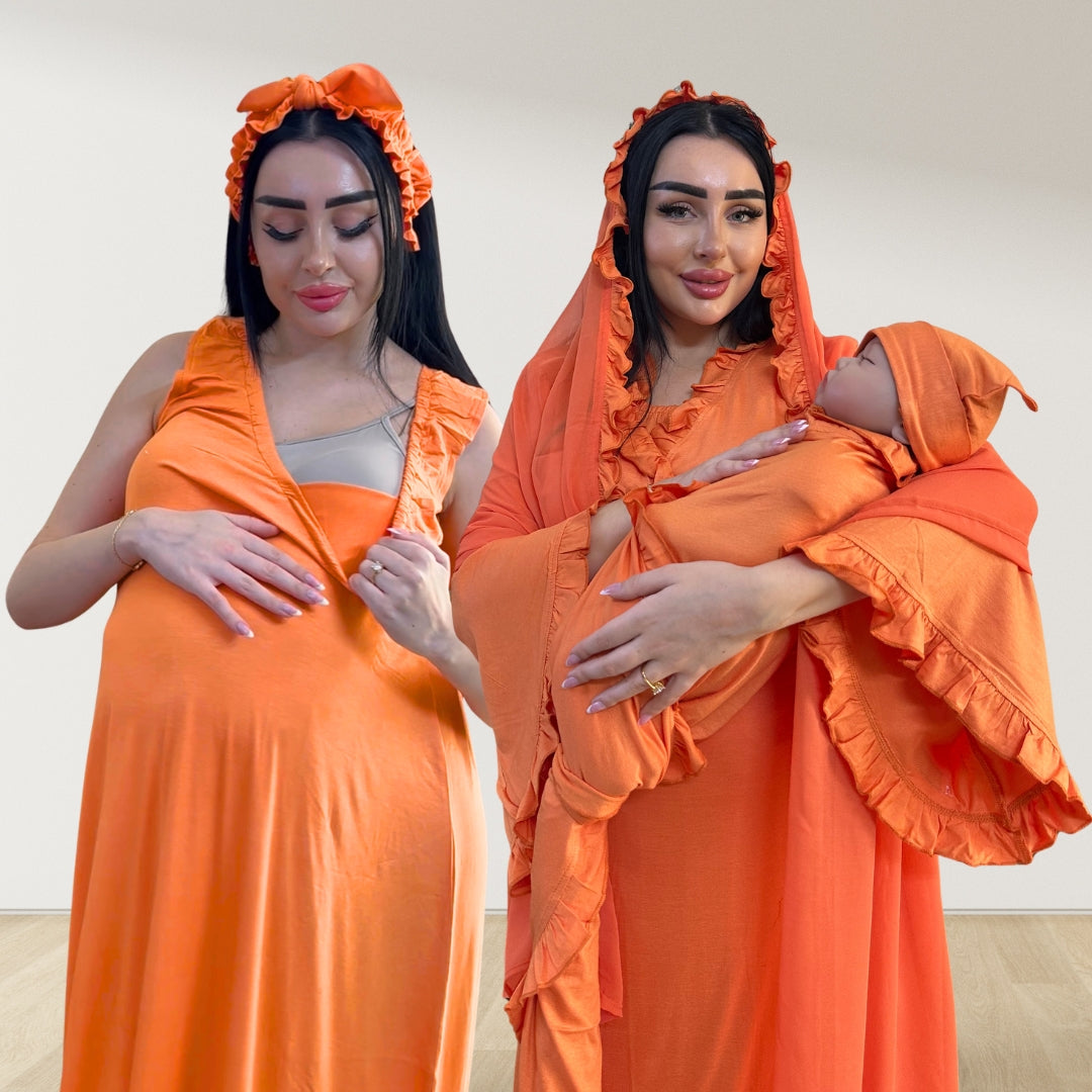 TANGERINE SIGNATURE RUFFLED ROBE AND LETTUCE SWADDLE SET