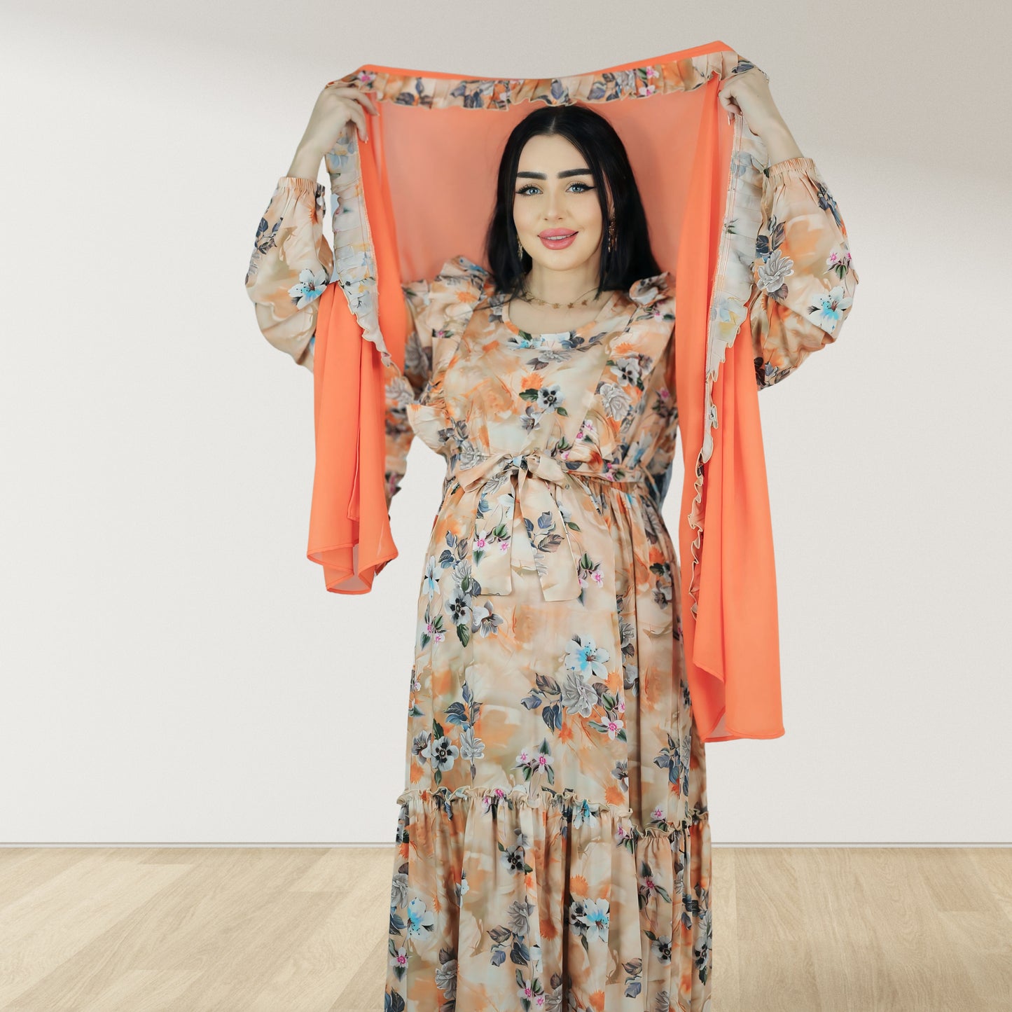 REEM ORANGE FLORAL DOUBLE ZIPPER MATERNITY AND NURSING DRESS