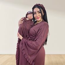 Load image into Gallery viewer, WALNUT BROWN SIGNATURE RUFFLED ROBE AND LETTUCE SWADDLE SET
